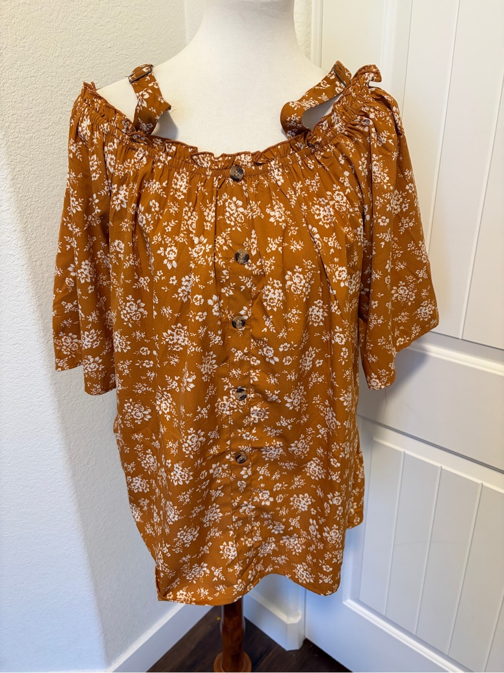 Rust Floral Off-Shoulder Button Front Blouse